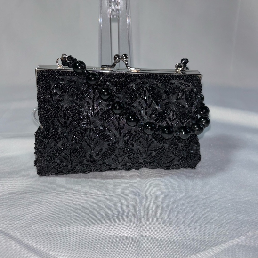 ❤️ Vintage 90s Bijoux Terner Evening Kisslock Black Satin Beaded Sequin Handbag